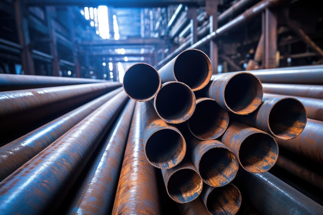 Tubos de acero al carbon apilados en una industria